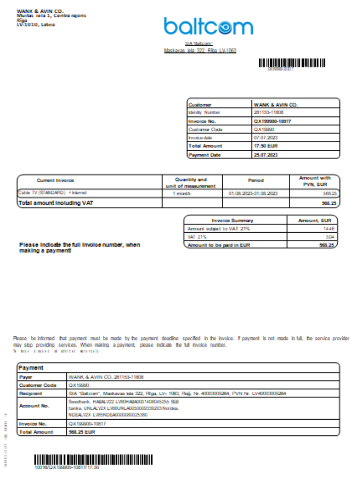 Download Baltcom telecommunications utility business bill,  SCR Photoshop template